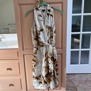 Ann Taylor Brown and Cream Midi Dress; ballet wrap waist, V neck, Sz 2, LN
